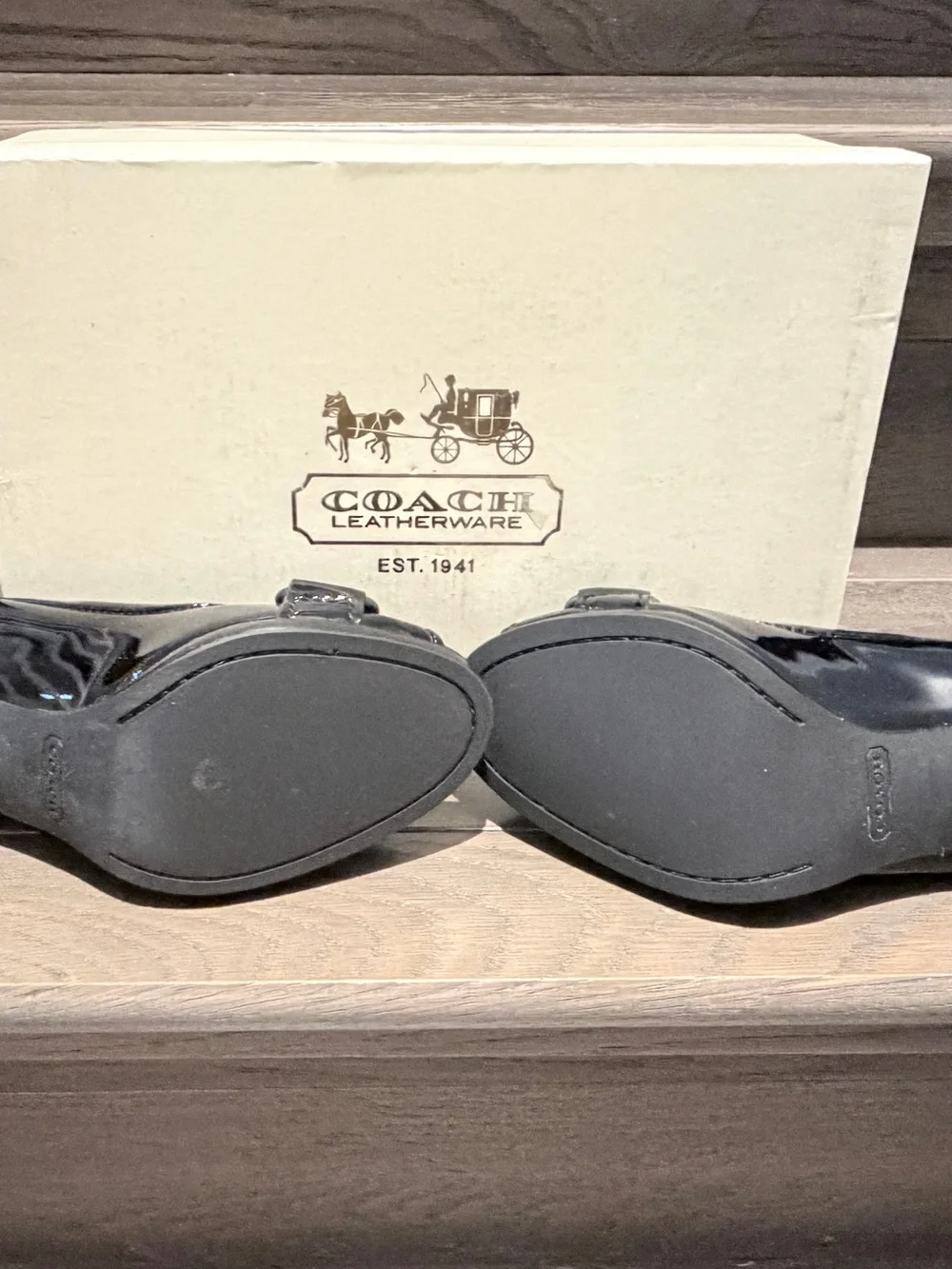 Coach Black Patent Peep-Toe Heels with Logo Button Detail